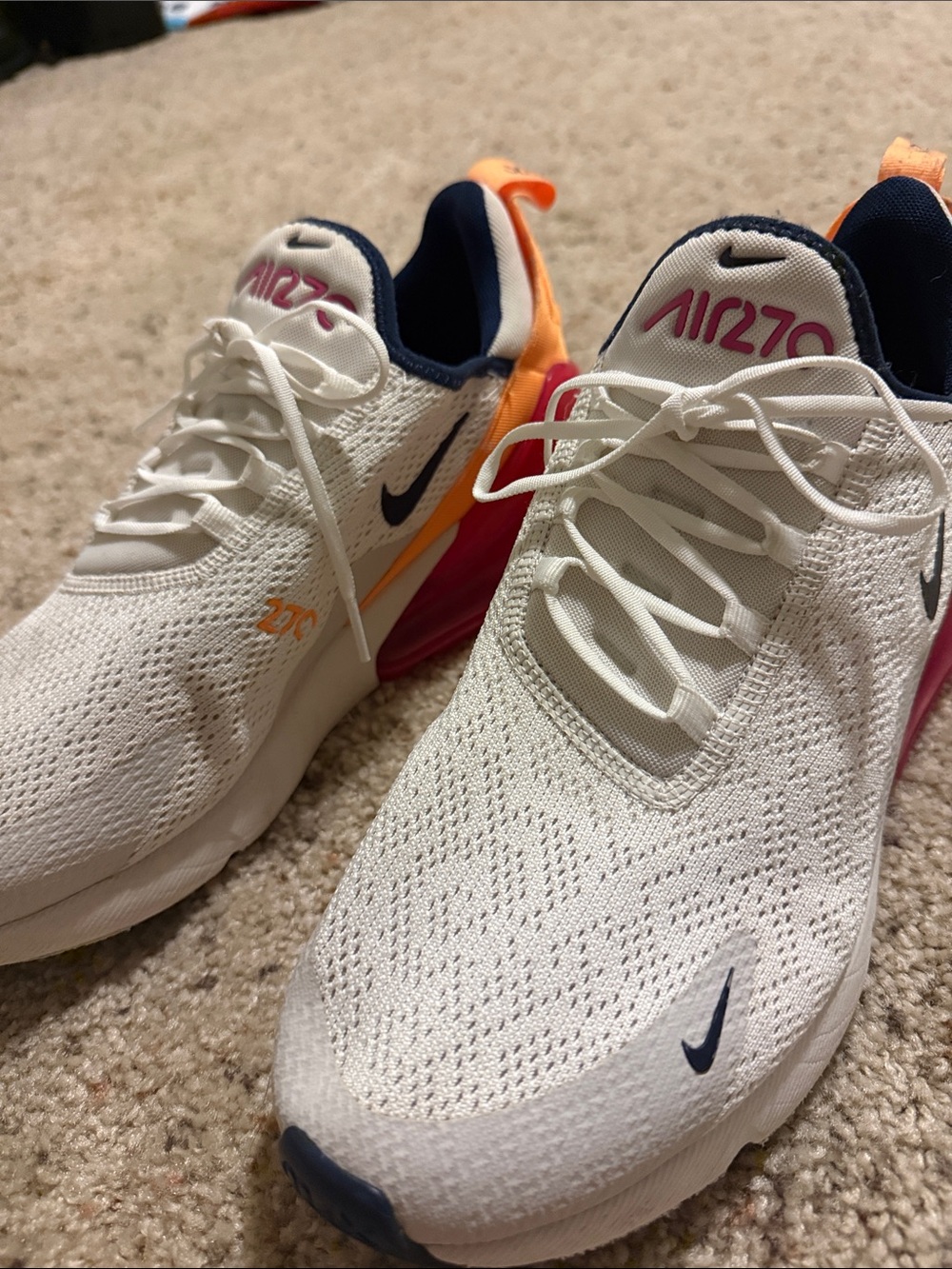 Nike White Mesh Sneakers with Navy, Pink and Orange Accents